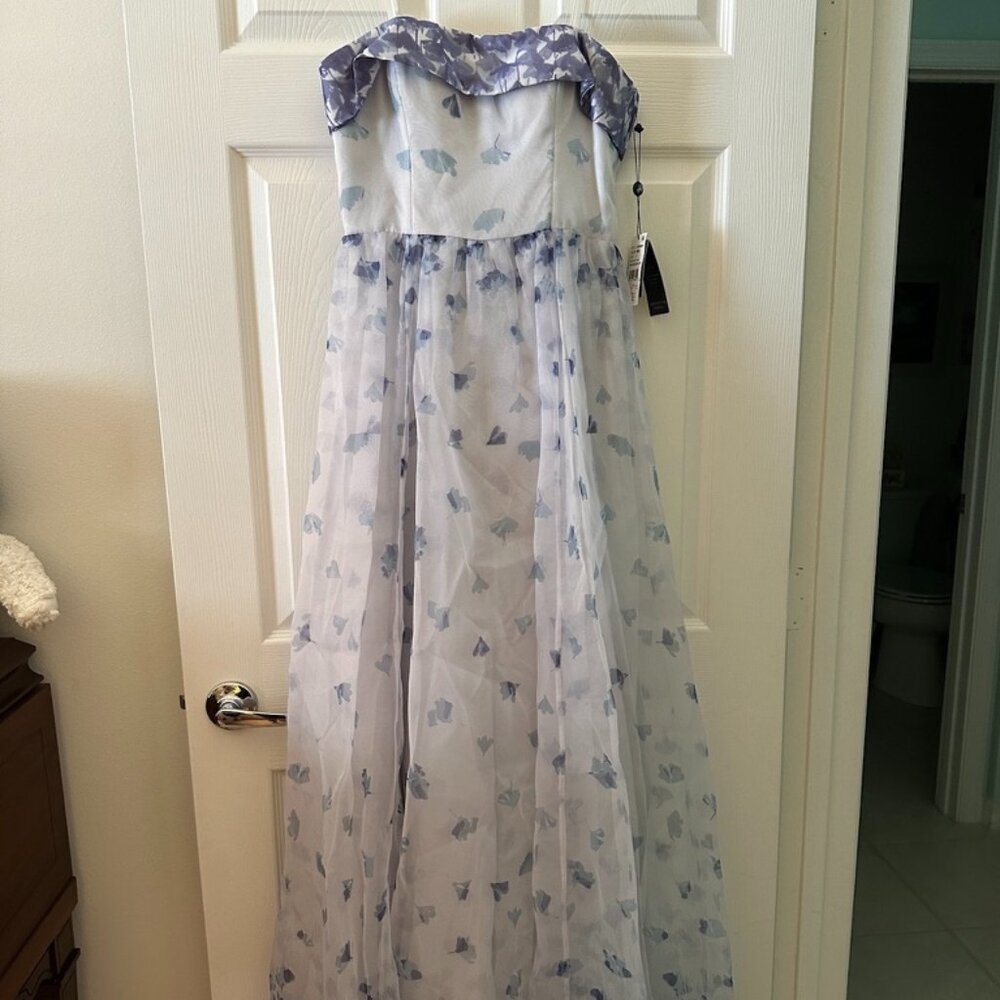 NWT Adrianna Papell Strapless Printed Organza Ball Gown Blue Multi Floral Print